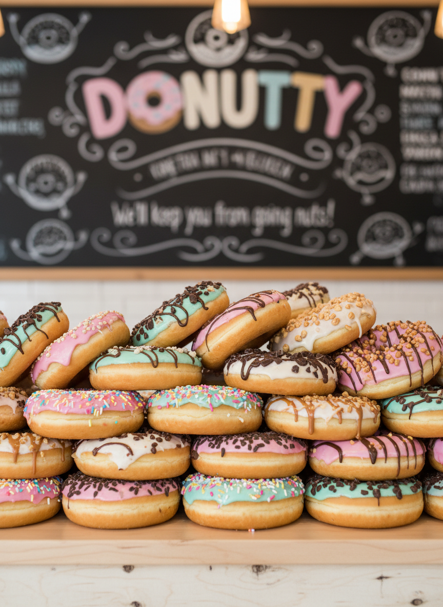 An overflowing display of assorted gourmet donuts arranged on a light birch wood counter in a playful donut café named “Donutty.” Frosted rings in glossy pastel pinks, mint greens, and creamy vanillas are topped with rainbow sprinkles, mini chocolate chunks, and tiny glazed nuts, each donut with a soft, pillowy texture and subtle sheen. Behind them, a softly blurred menu board with whimsical donut illustrations reinforces the fun theme. Warm pendant lighting from above creates gentle highlights on the glazes and soft shadows on the counter. Photographic realism, shot at eye level with a shallow depth of field, conveys a cheerful, inviting mood that promises to keep visitors from “going nuts” with its colorful calm.