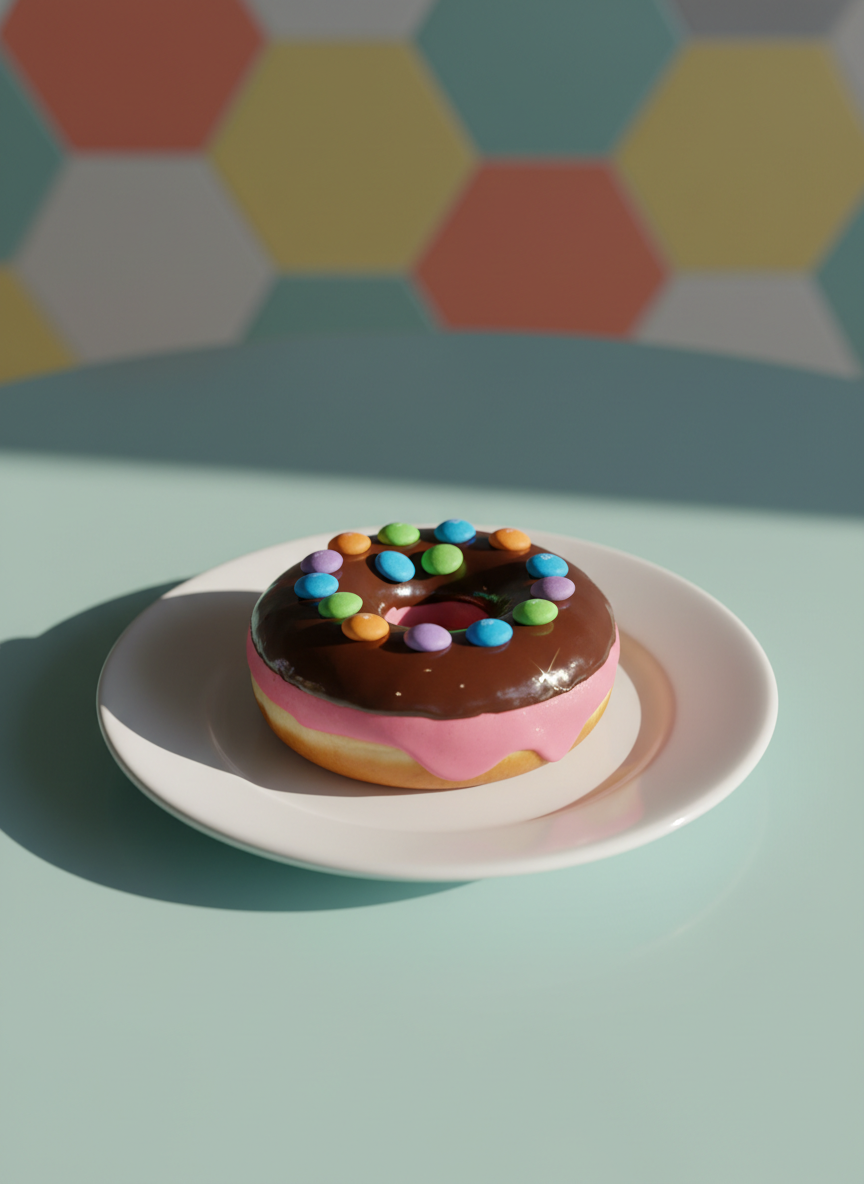 A single, perfectly round donut with half dipped in shiny chocolate glaze and half in bubblegum-pink icing, topped with playful candy-coated peanuts arranged in a smile pattern. It rests on a pristine white ceramic plate with a subtle gloss finish, placed on a pale turquoise café table. In the background, softly out of focus, are geometric pastel wall tiles in yellow, coral, and teal, echoing the donut’s colors. Soft morning sunlight streams through an unseen window, casting delicate, elongated shadows and gentle highlights on the glaze. Photographic realism, captured from a slightly elevated angle with centered composition, creates a fun, quirky, yet clean and modern atmosphere that matches the café’s playful promise to keep patrons from going nuts.