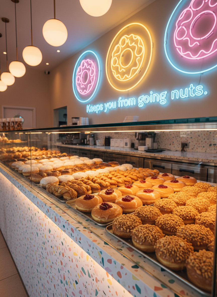 A wide interior shot of the Donutty café counter, showcasing a glass display case brimming with neatly arranged donuts in organized rows: powdered sugar rings, maple-glazed twists, bright jelly-filled rounds with glossy centers, and nut-crusted crullers. The counter is a polished terrazzo surface speckled with candy-like colors. Above, oversized donut-shaped neon signs glow softly in pastel hues, adding a whimsical ambiance. Warm, diffused pendant lights and subtle under-cabinet lighting create a cozy, golden atmosphere. The photographic scene is captured at eye level with a slightly wide lens, keeping full depth of field so every donut detail is crisp. The mood is energetic yet comforting, a playful, modern space that visually explains the slogan “Keeps you from going nuts.”